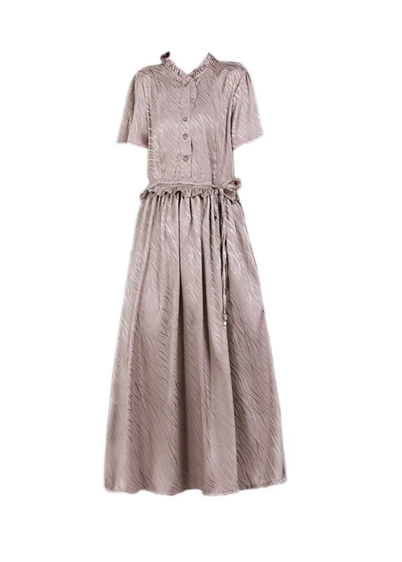 2025 Lotus Root Pink V Neck Button Drawstring Silk Dresses Short Sleeve - Image 5