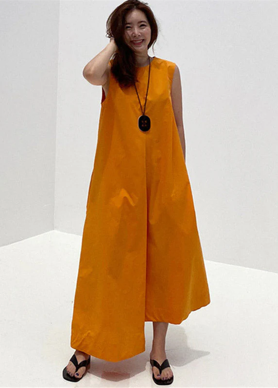 2025 Orange O-Neck Asymmetrical Pockets Cotton Long Dresses Sleeveless - Image 2