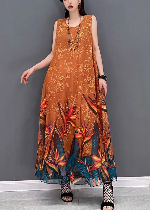 2025 Orange O-Neck Chiffon Long Beach Dresses Sleeveless - Image 2