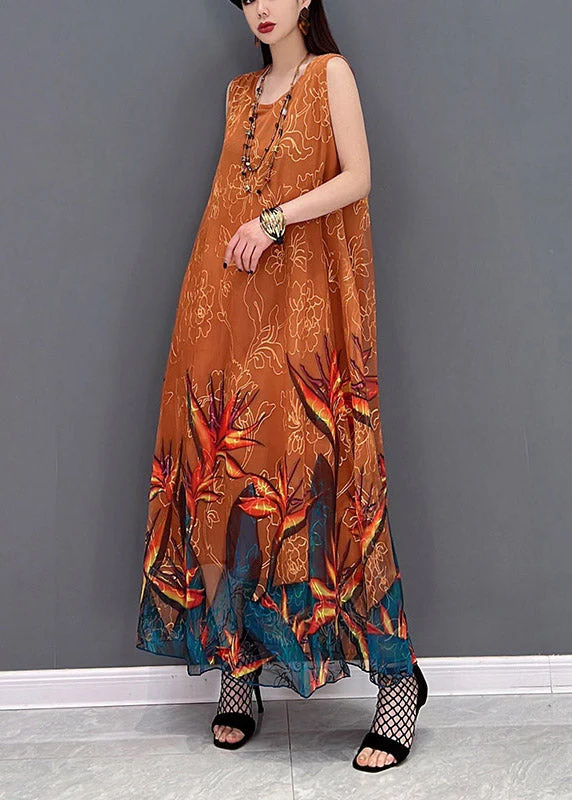 2025 Orange O-Neck Chiffon Long Beach Dresses Sleeveless - Image 3