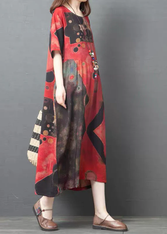 2025 Red O-Neck Print Cotton Beach Dress Short Sleeve - Image 2