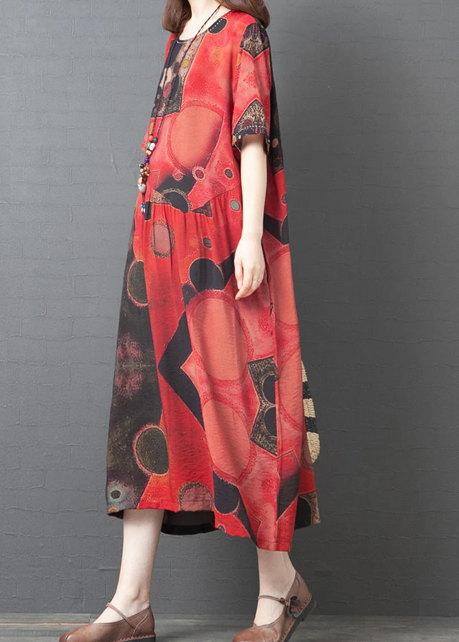 2025 Red O-Neck Print Cotton Beach Dress Short Sleeve - Image 3