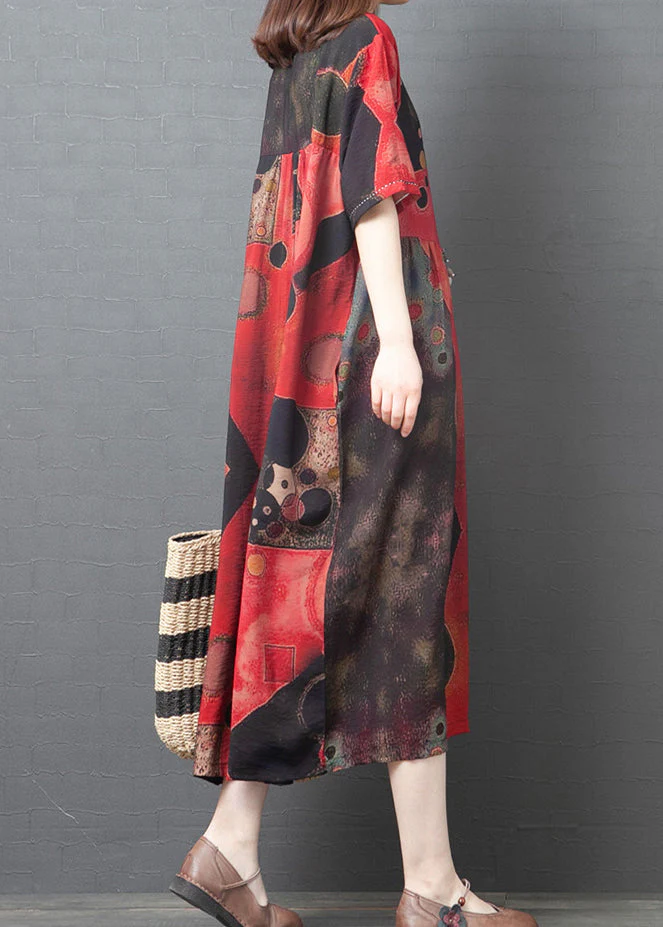 2025 Red O-Neck Print Cotton Beach Dress Short Sleeve - Image 4