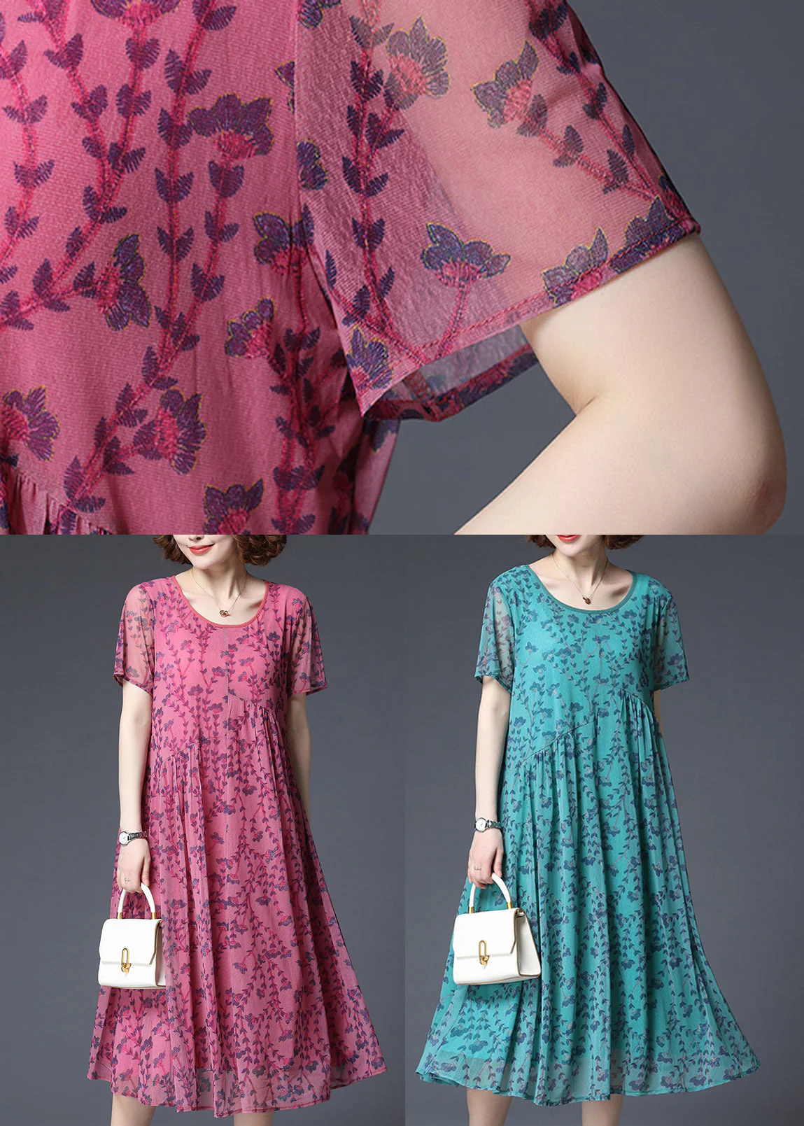 2025 Rose Wrinkled Chiffon Vacation Dress Short Sleeve - Image 5