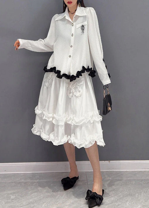 2025 White Embroideried Ruffled Tulle Patchwork Chiffon Dress Two Pieces Set Spring - Image 2