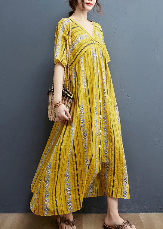2025 Yellow Print Cotton Maxi Dresses Short Sleeve - Image 2