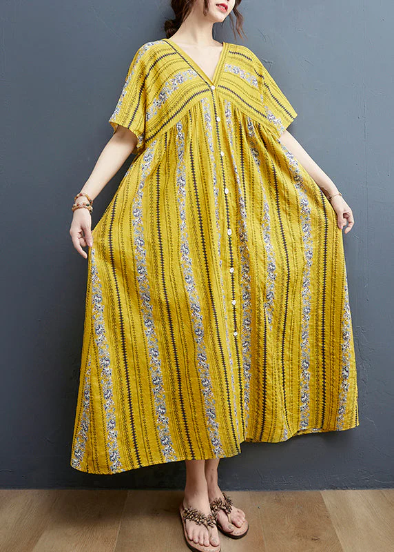 2025 Yellow Print Cotton Maxi Dresses Short Sleeve - Image 3