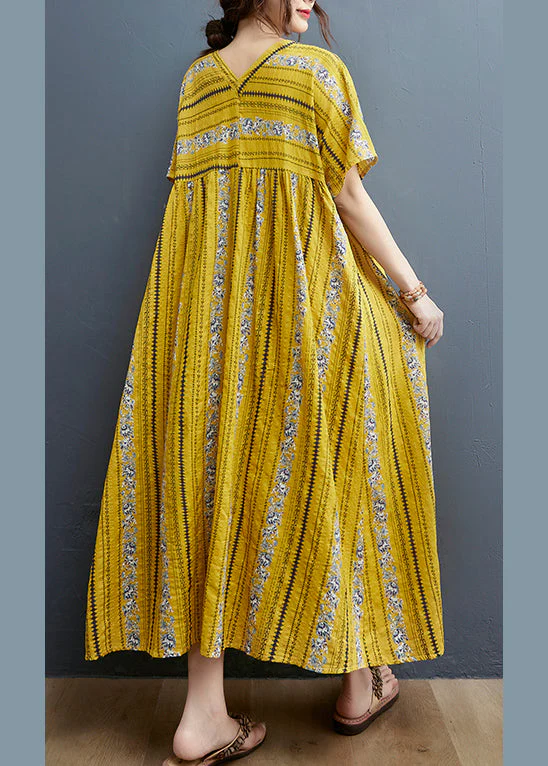 2025 Yellow Print Cotton Maxi Dresses Short Sleeve - Image 4