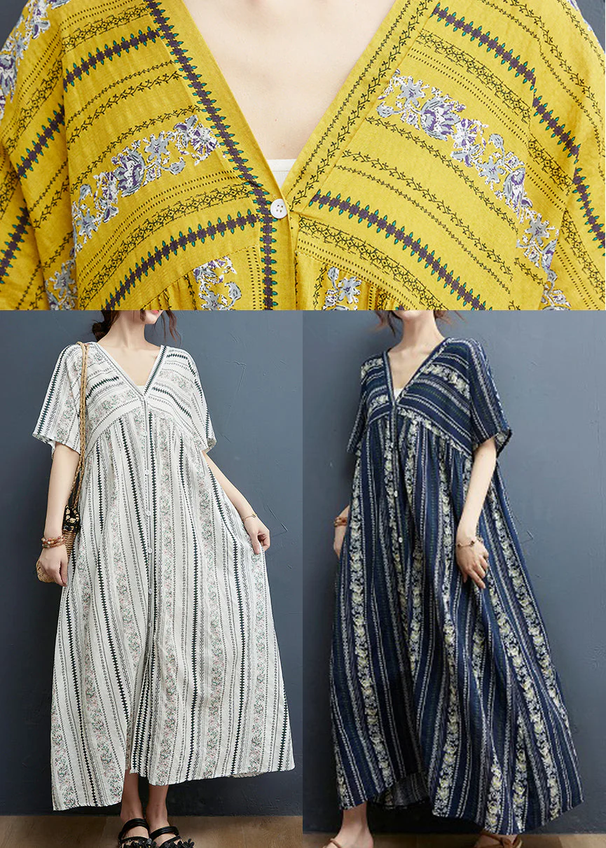 2025 Yellow Print Cotton Maxi Dresses Short Sleeve - Image 5