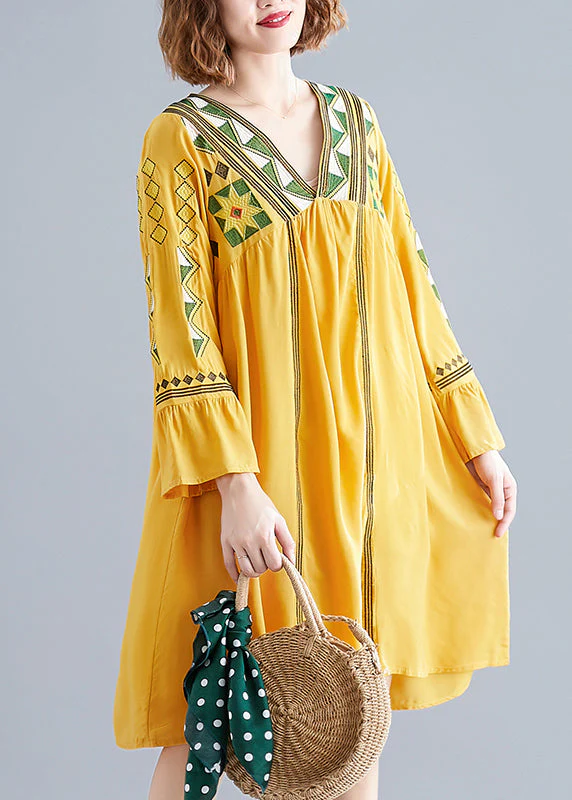 2025 Yellow V Neck A Line Dress Long Sleeve - Image 3