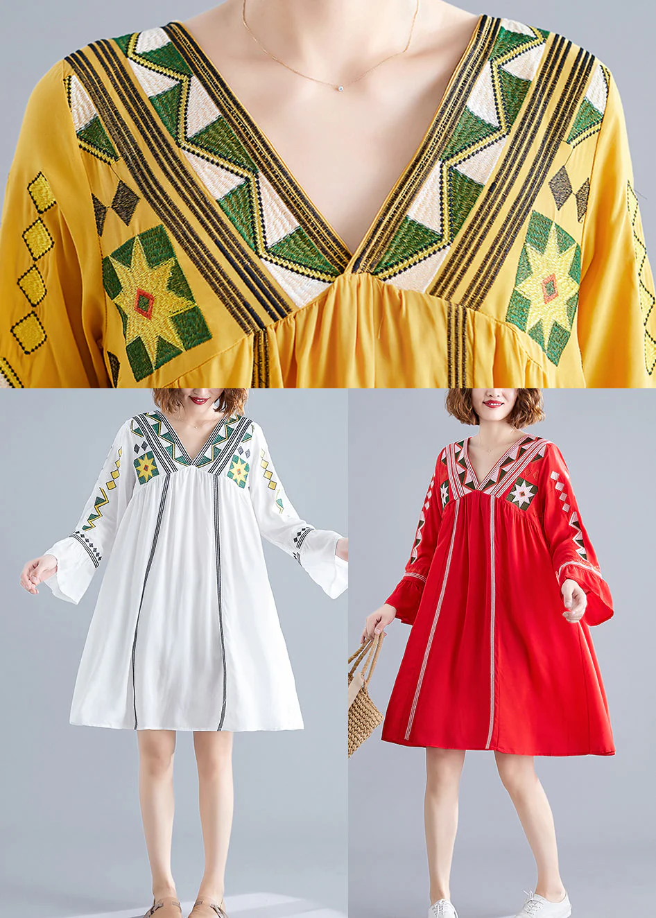 2025 Yellow V Neck A Line Dress Long Sleeve - Image 5