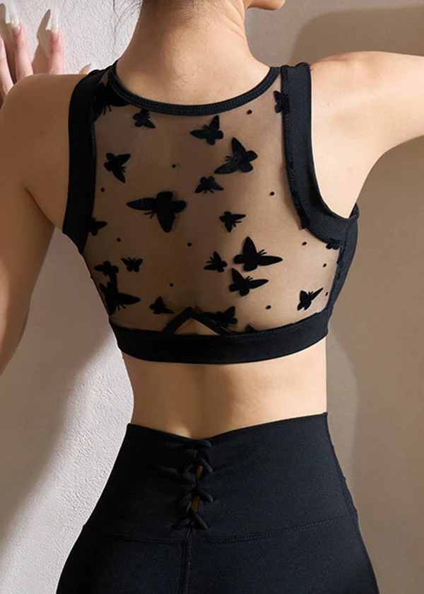 Trendy Black Butterfly Tulle Patchwork Tank Tops Workout - Image 5