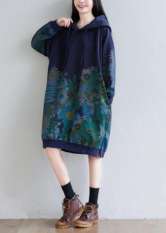 Trendy Navy Hooded Pockets Print Side Open Fall Sweatshirts Dress - Image 2