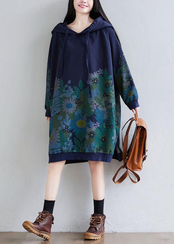 Trendy Navy Hooded Pockets Print Side Open Fall Sweatshirts Dress - Image 3