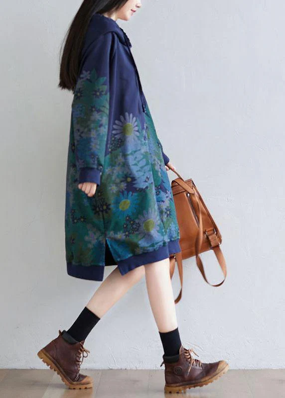Trendy Navy Hooded Pockets Print Side Open Fall Sweatshirts Dress - Image 4