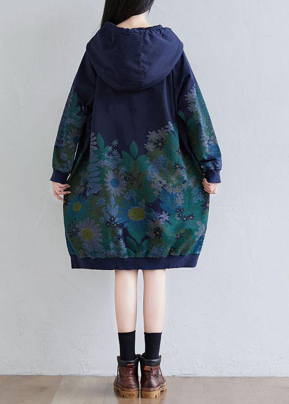 Trendy Navy Hooded Pockets Print Side Open Fall Sweatshirts Dress - Image 5