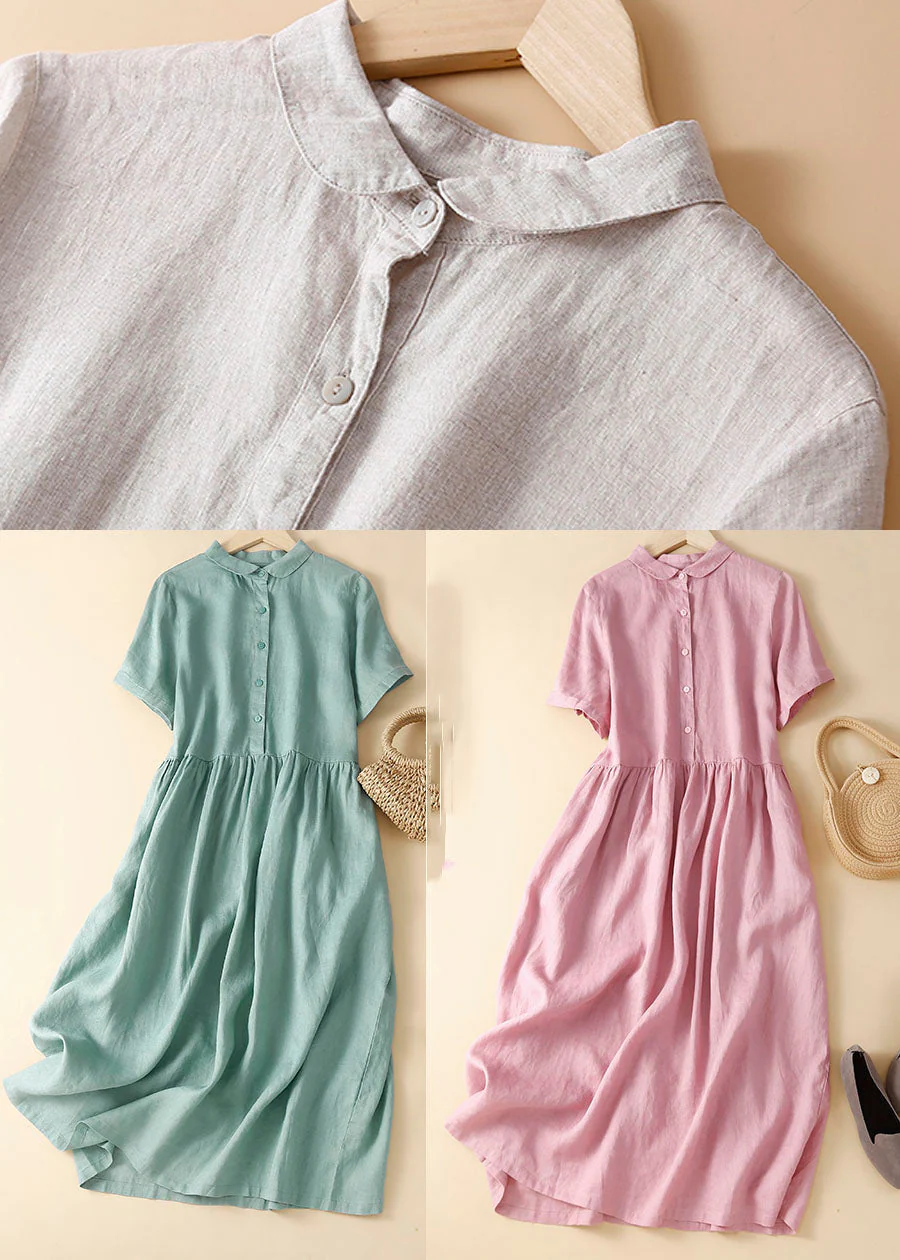 Unique Apricot flowers Peter Pan Collar Wrinkled Linen Holiday Dress Short Sleeve - Image 7
