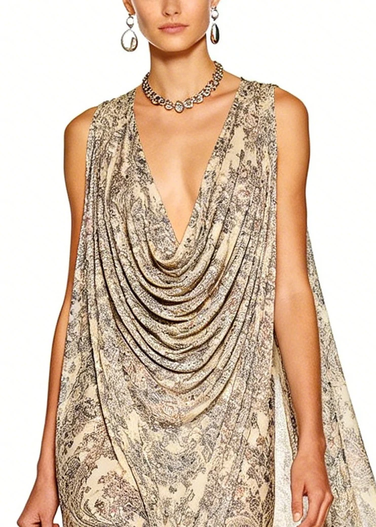 Unique Apricot Turtle Neck Print Chiffon Holiday Dress Sleeveless - Image 2