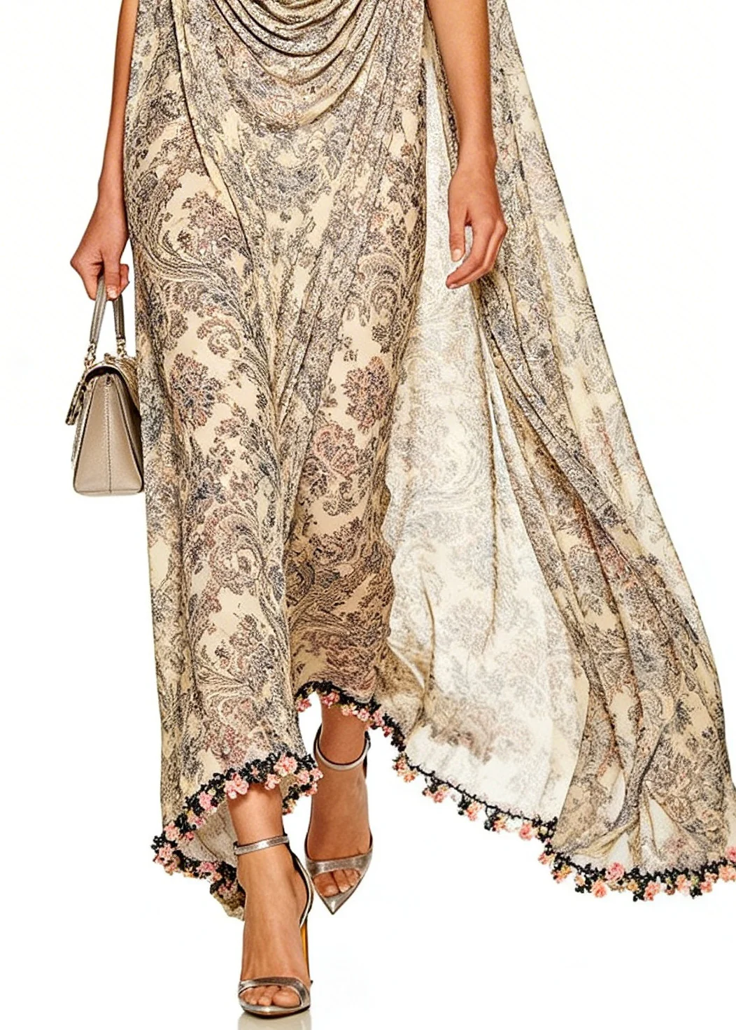 Unique Apricot Turtle Neck Print Chiffon Holiday Dress Sleeveless - Image 4