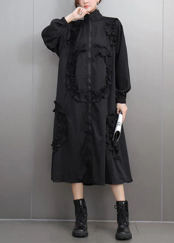 Unique Army Green Ruffled Patchwork Zippered Long Dresses Spring - Image 4