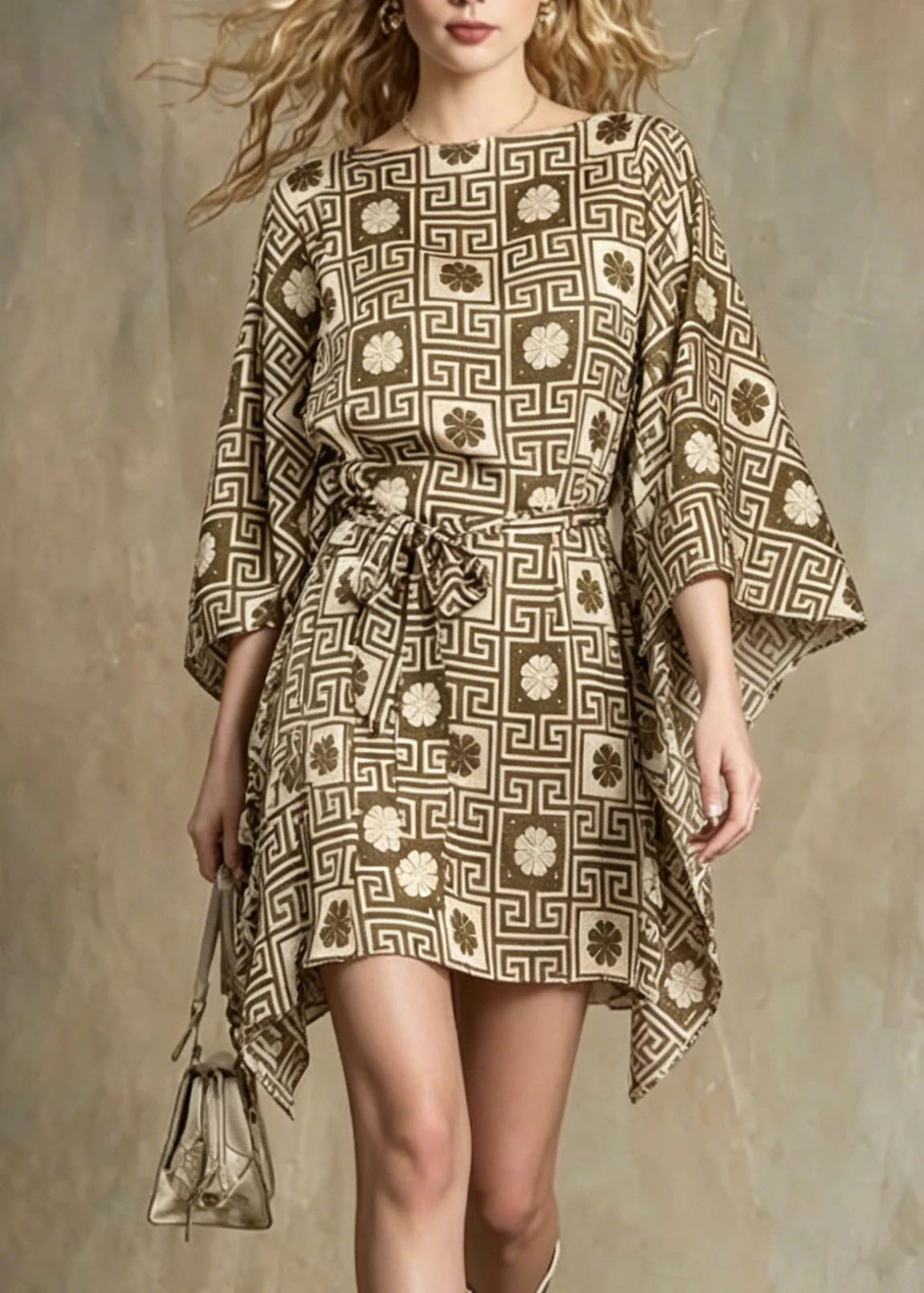 Unique Asymmetrical Design Geometric Print Lace Up Dress Batwing Sleeve - Image 2