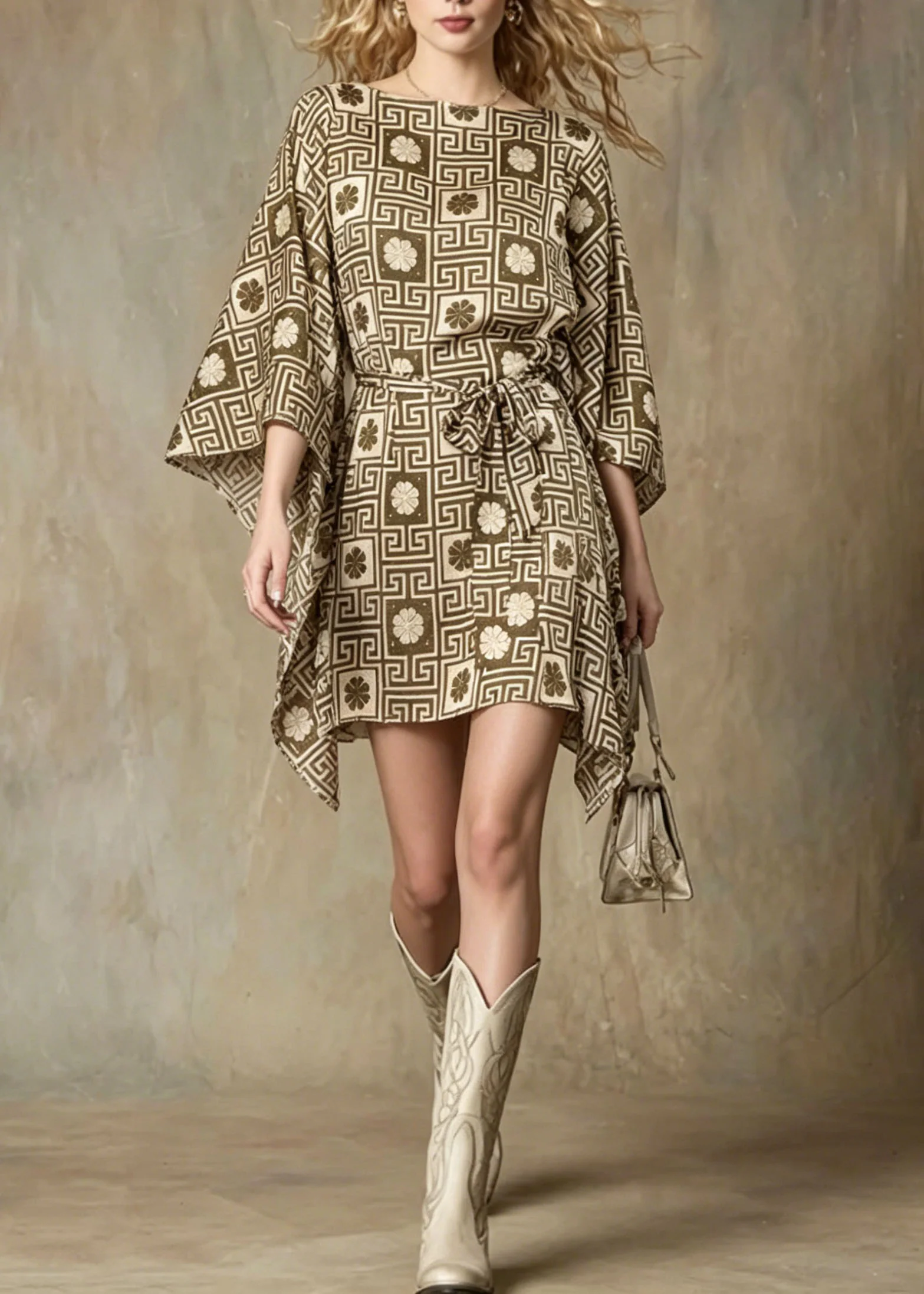 Unique Asymmetrical Design Geometric Print Lace Up Dress Batwing Sleeve - Image 3