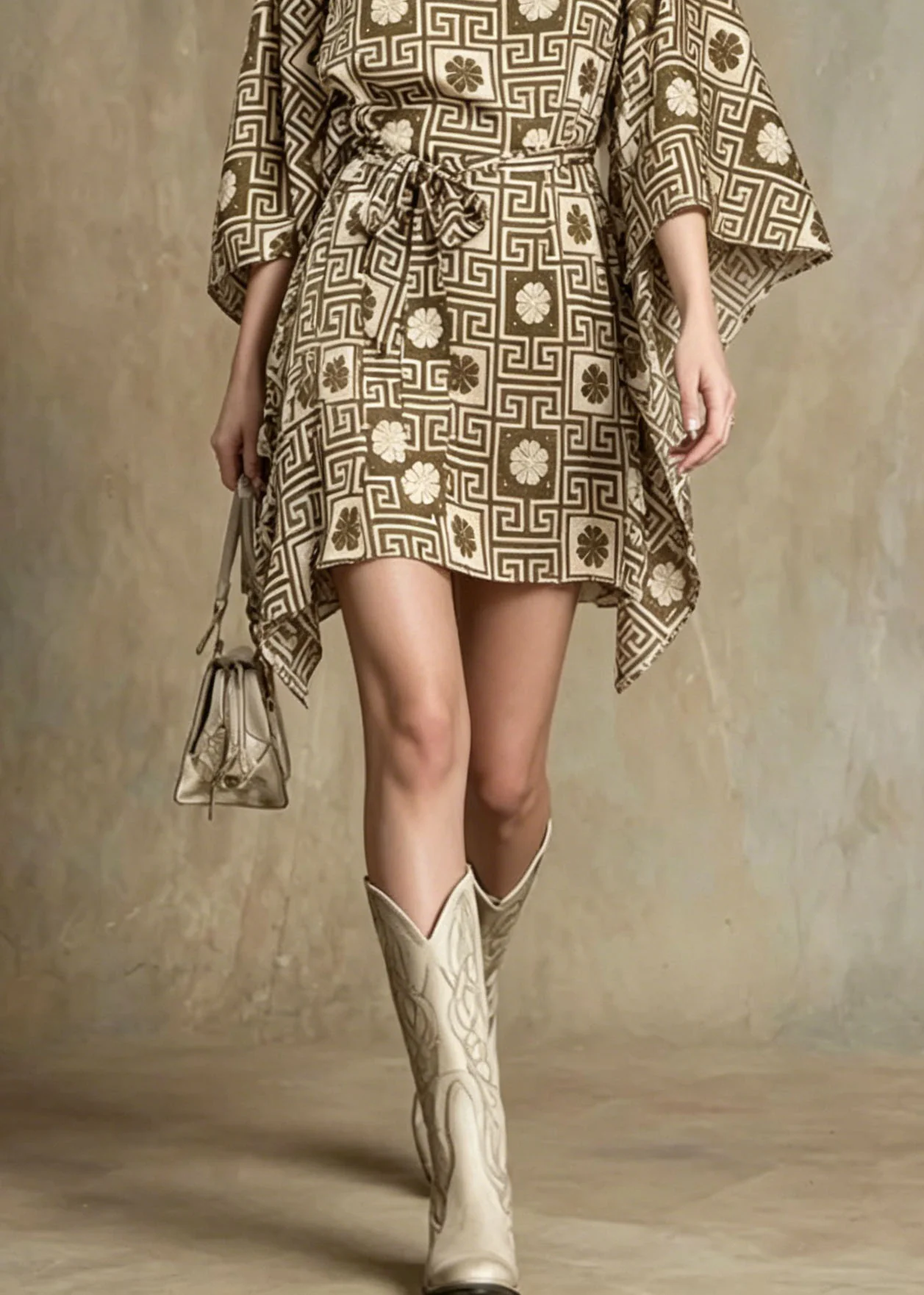 Unique Asymmetrical Design Geometric Print Lace Up Dress Batwing Sleeve - Image 4