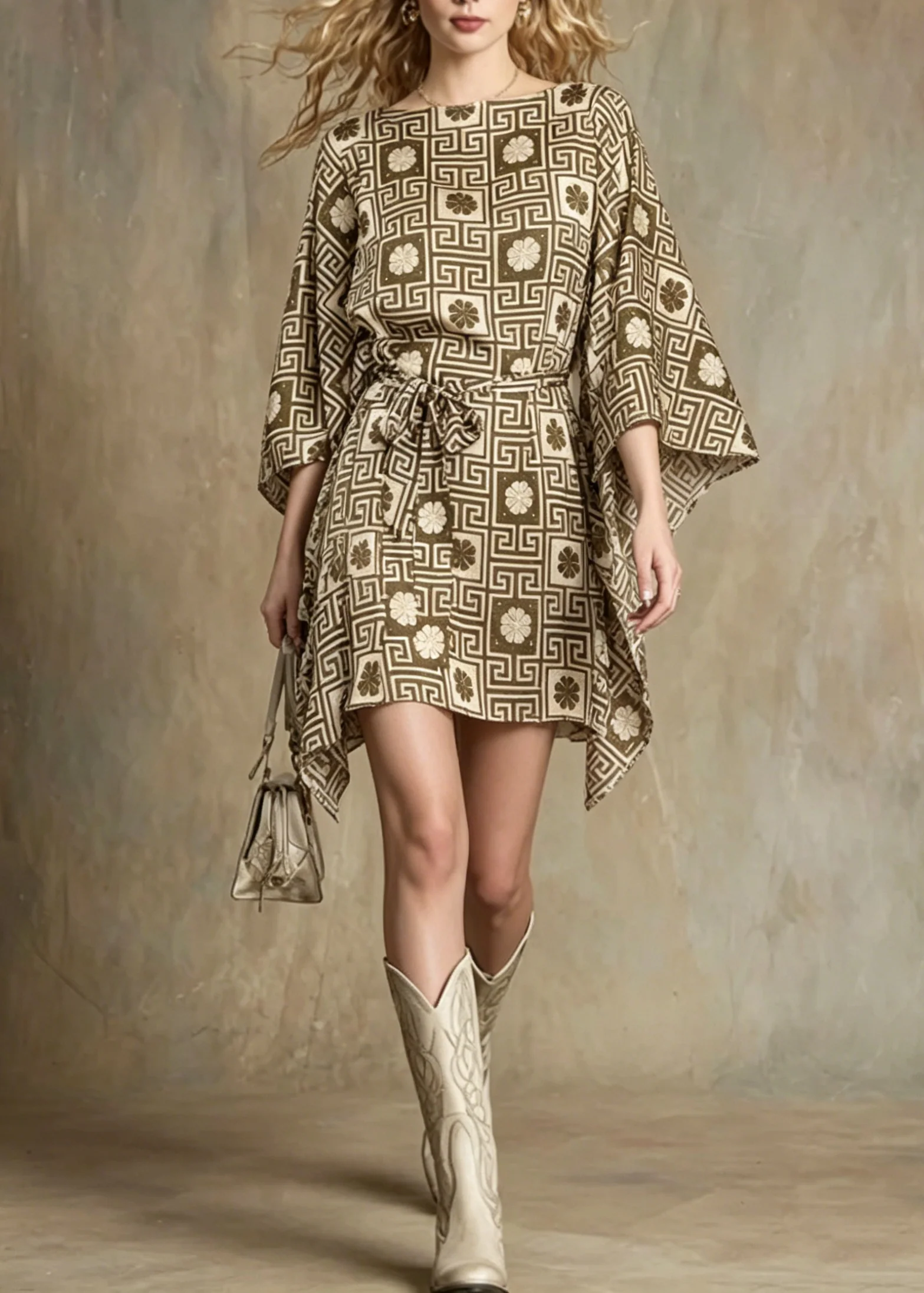 Unique Asymmetrical Design Geometric Print Lace Up Dress Batwing Sleeve - Image 5