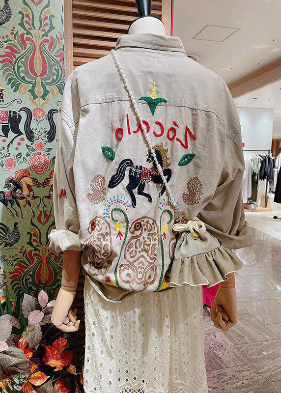Unique Beige Peter Pan Collar Embroidered Cotton Jacket Spring - Image 5