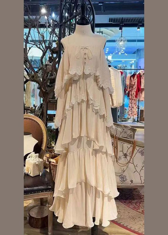 Unique Beige Tie Lace Long Spaghetti Strap Cake Dress Sleeveless - Image 3