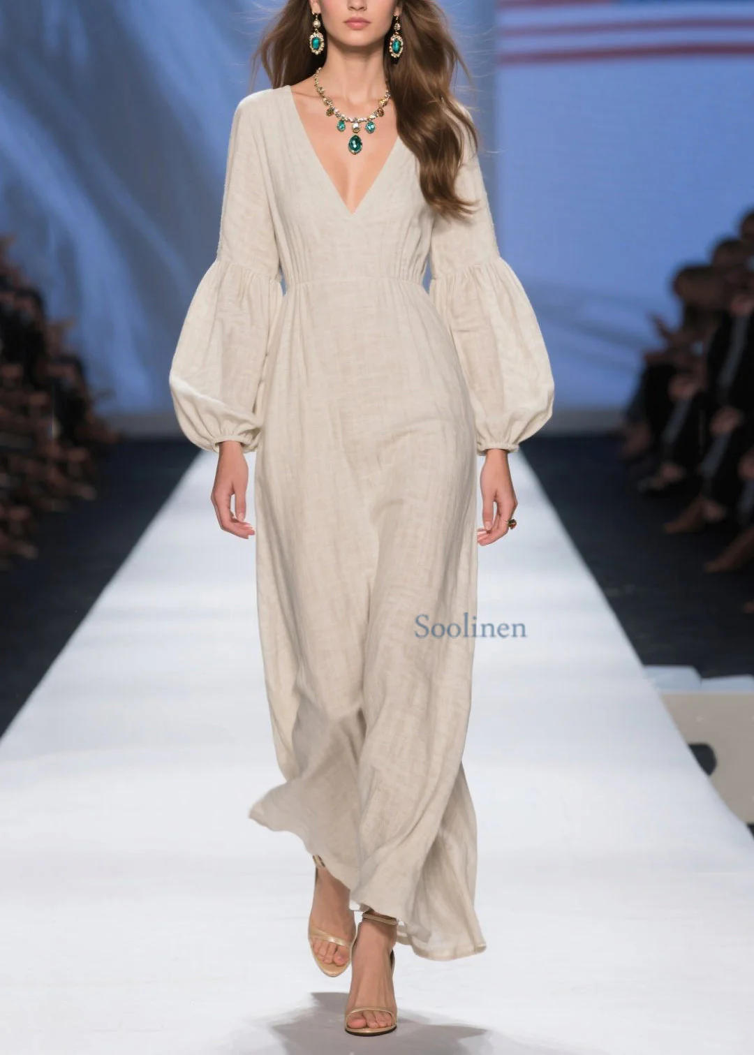 Unique Beige V Neck Patchwork Cotton Long Dresses Spring - Image 3