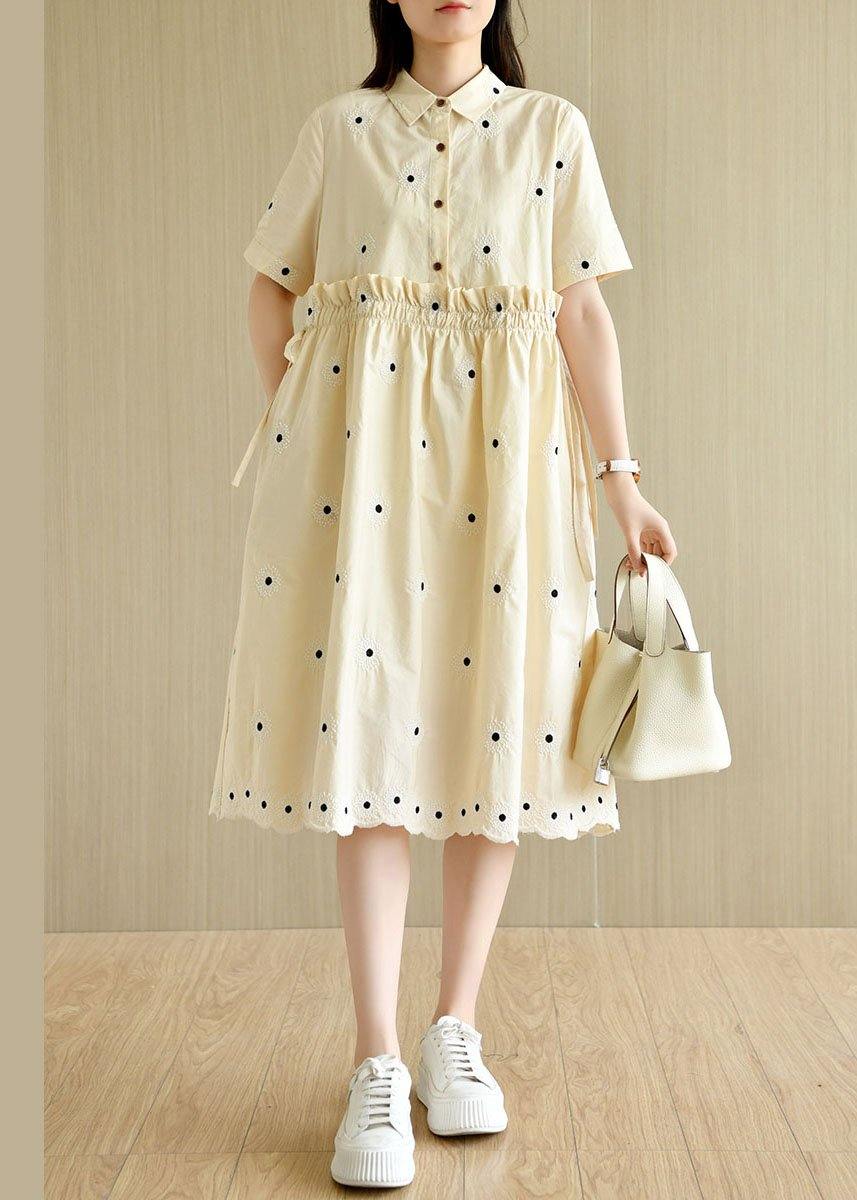 Unique Beige Yellow PeterPan Collar Button Embroideried Summer Cotton Vacation Dresses - Image 2
