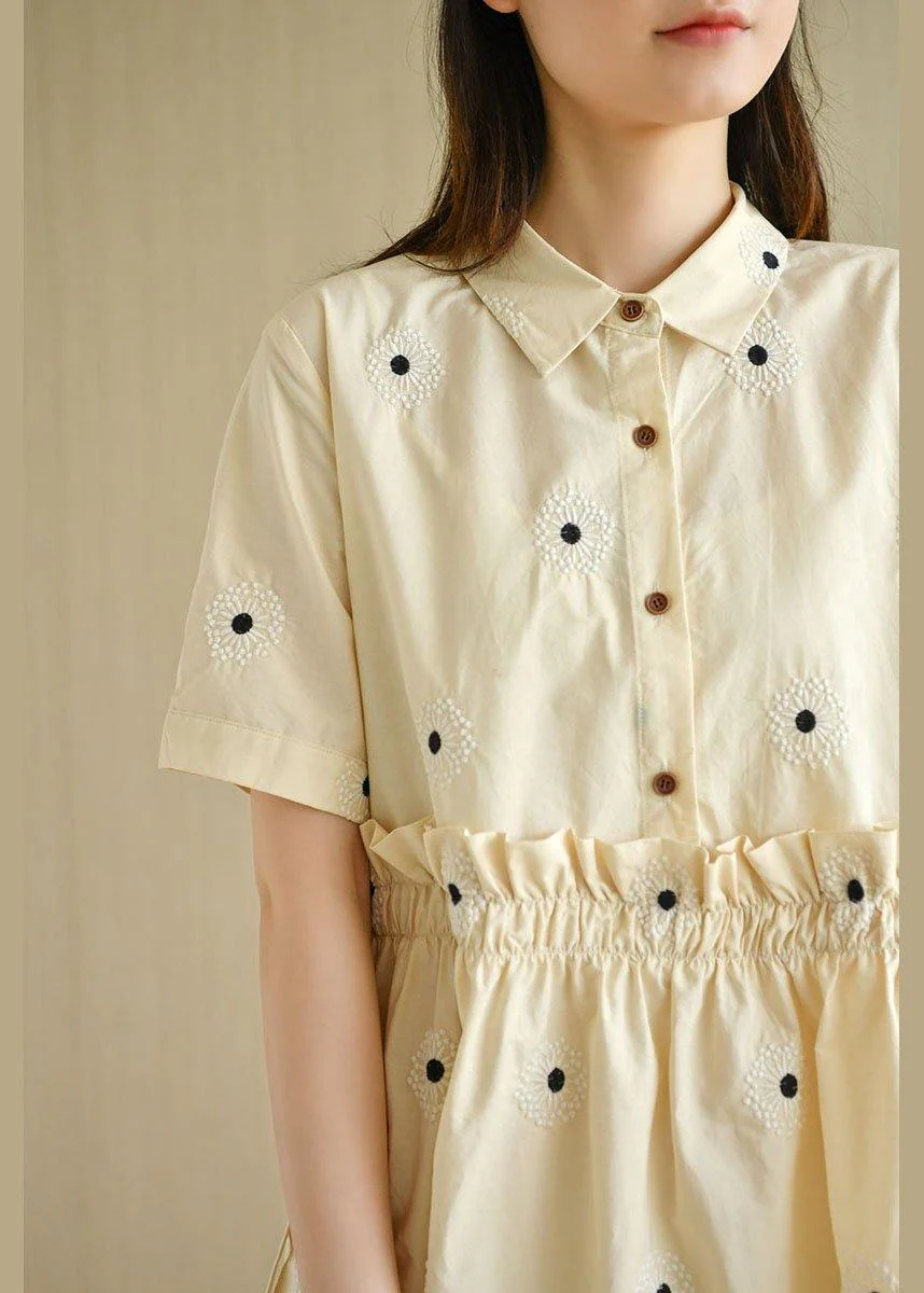 Unique Beige Yellow PeterPan Collar Button Embroideried Summer Cotton Vacation Dresses - Image 3