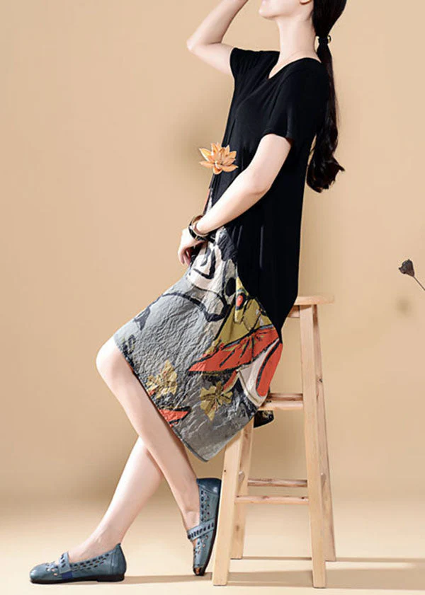 Unique Black Asymmetrical Design Print Patchwork Cotton Dress Summer - Image 2