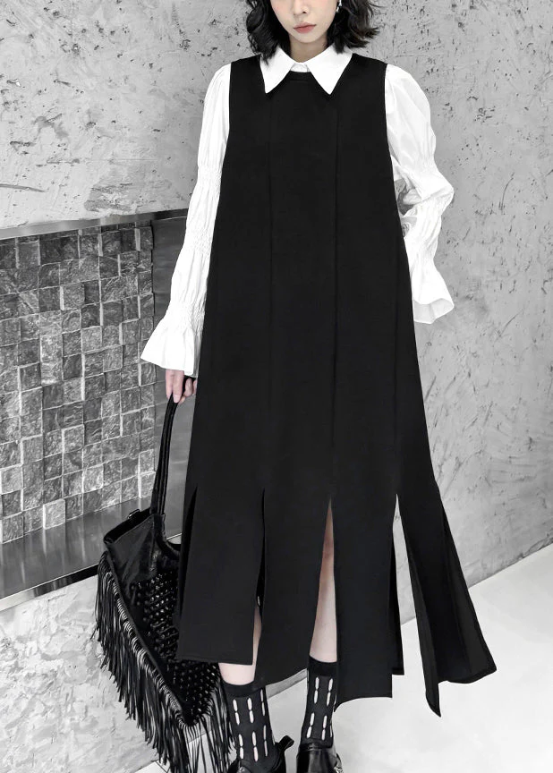 Unique Black Asymmetrical Design Side Open Long Waistcoat Dress Sleeveless - Image 2