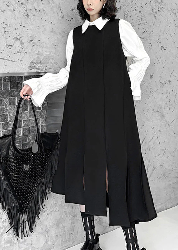 Unique Black Asymmetrical Design Side Open Long Waistcoat Dress Sleeveless - Image 3