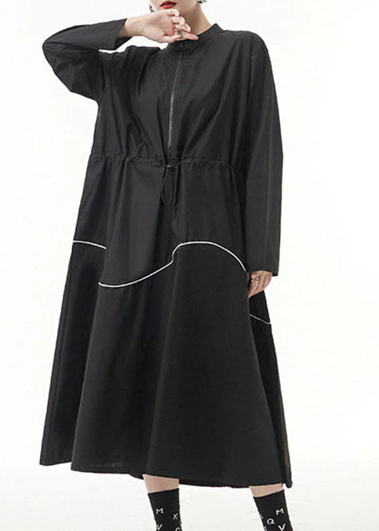 Unique Black drawstring zippered Stand Collar Dress Spring - Image 2