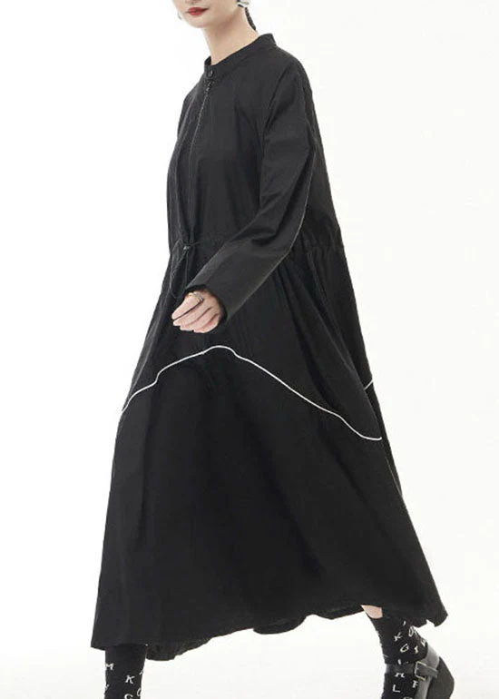Unique Black drawstring zippered Stand Collar Dress Spring - Image 3
