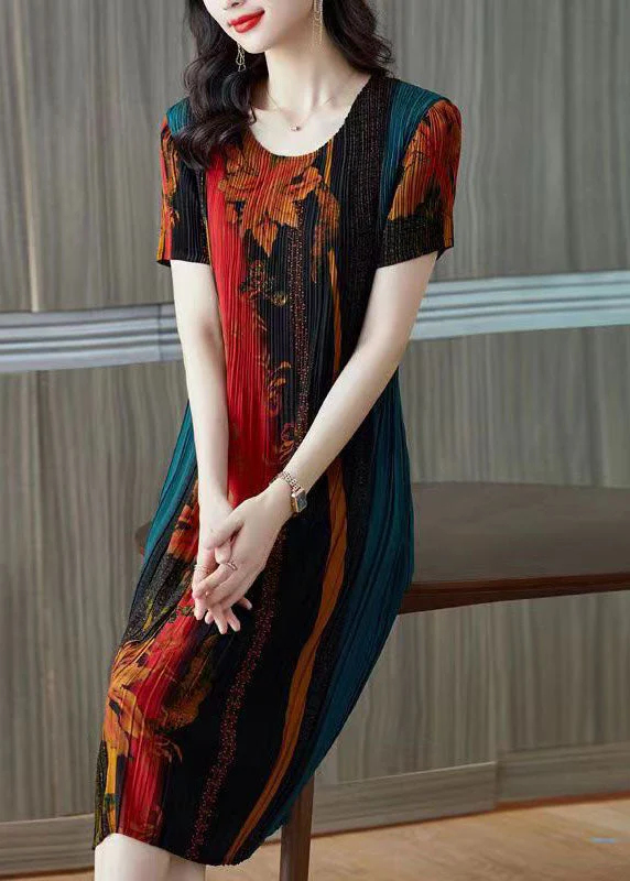 Unique Black Green O-Neck Floral Print Silk Vacation Dresses Short Sleeve - Image 4