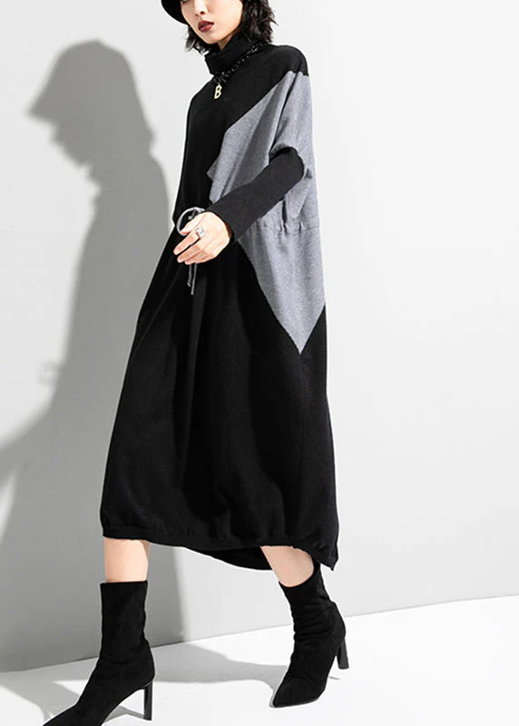 Unique Black Grey Turtleneck Patchwork Drawstring Tie Waist Knit Holiday Dress Long Sleeve - Image 2