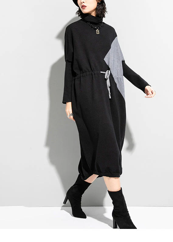 Unique Black Grey Turtleneck Patchwork Drawstring Tie Waist Knit Holiday Dress Long Sleeve - Image 3
