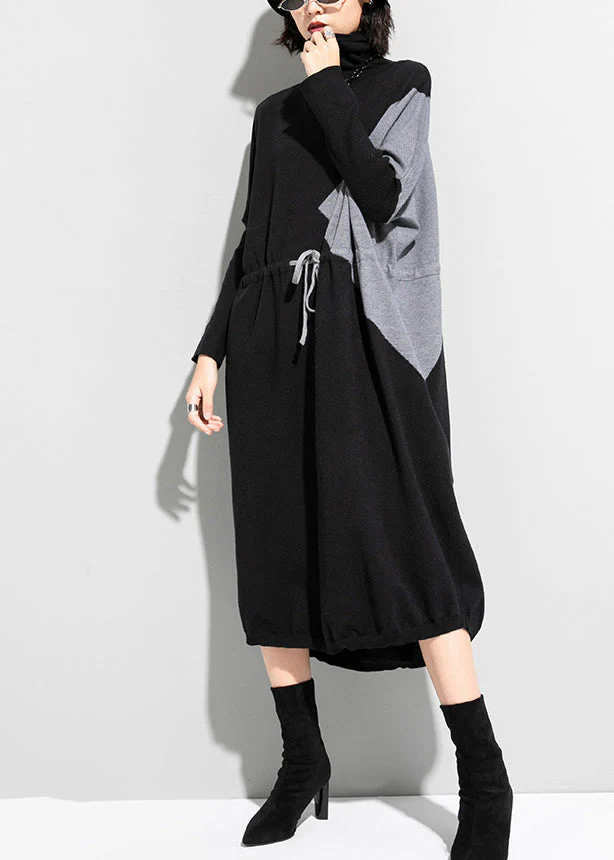 Unique Black Grey Turtleneck Patchwork Drawstring Tie Waist Knit Holiday Dress Long Sleeve - Image 4