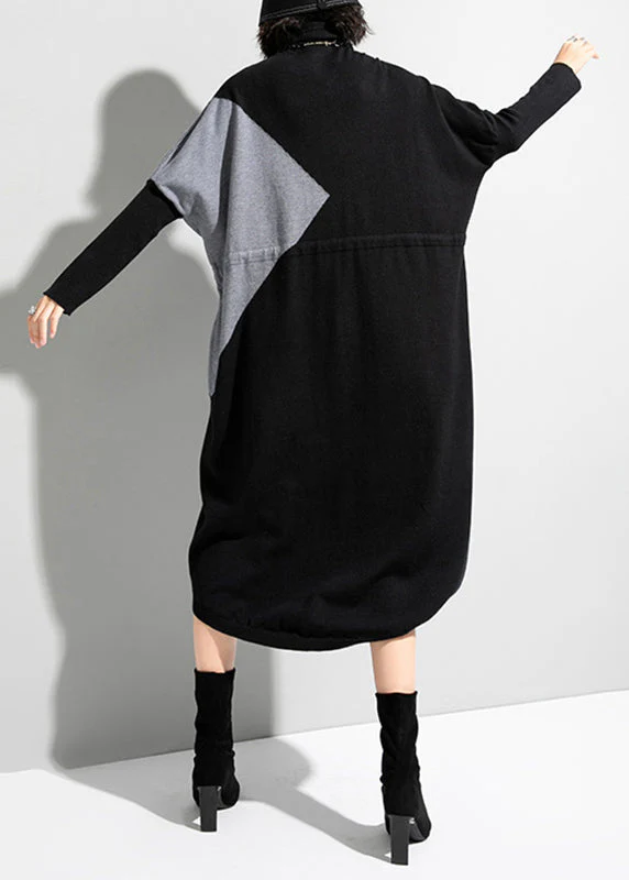 Unique Black Grey Turtleneck Patchwork Drawstring Tie Waist Knit Holiday Dress Long Sleeve - Image 5