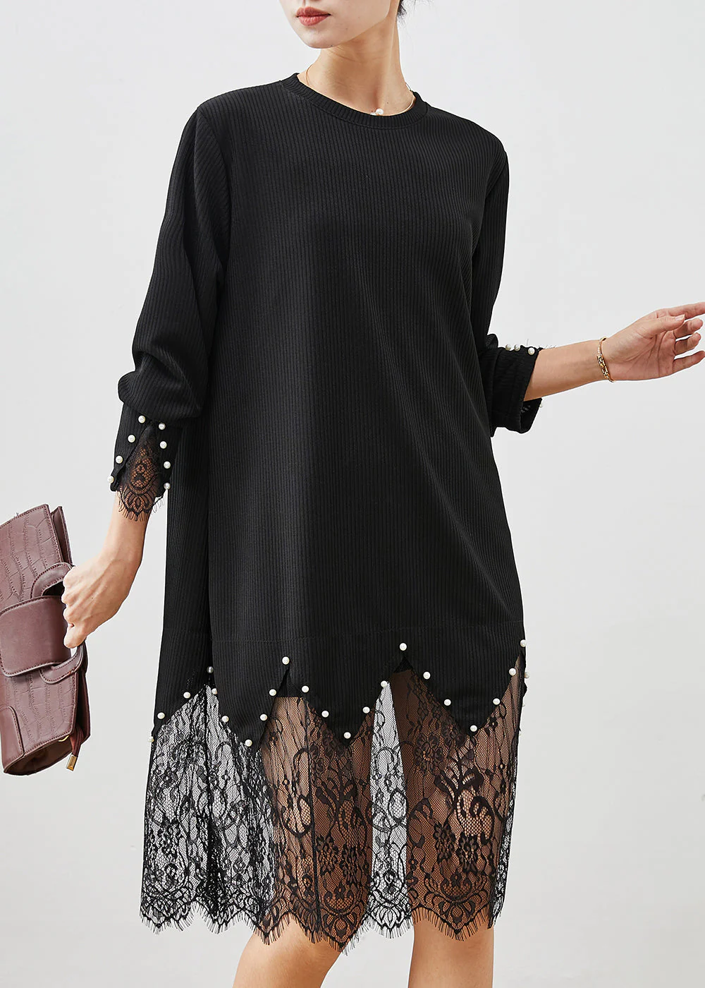 Unique Black Hollow Out Patchwork Nail Bead Cotton Maxi Dress Spring - Image 2