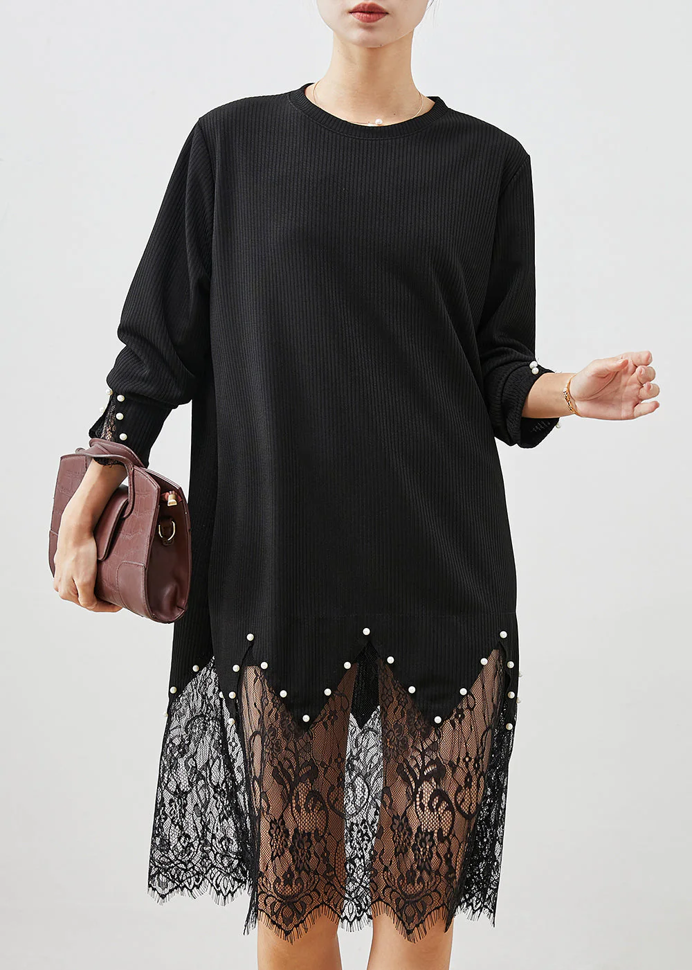 Unique Black Hollow Out Patchwork Nail Bead Cotton Maxi Dress Spring - Image 3