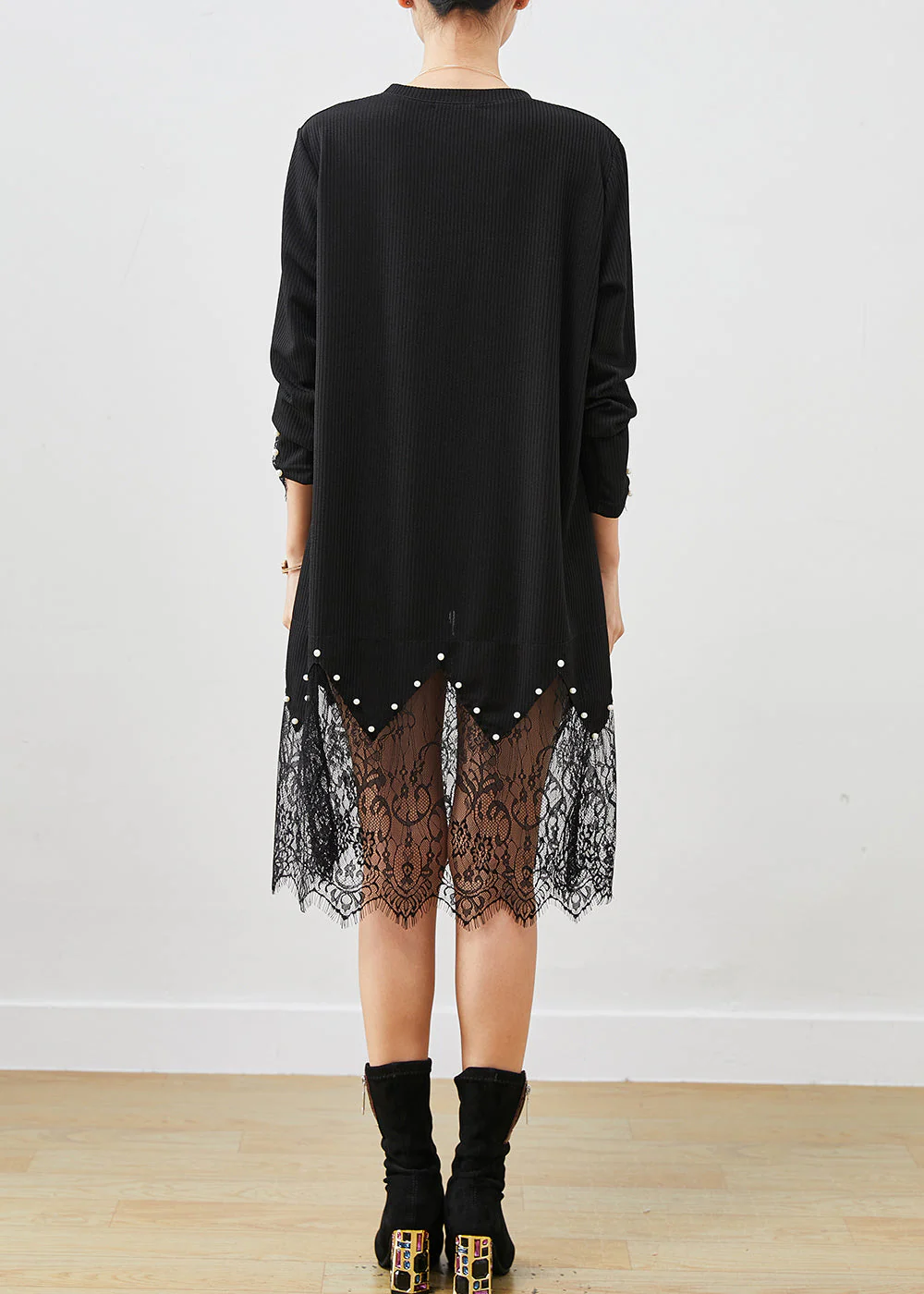 Unique Black Hollow Out Patchwork Nail Bead Cotton Maxi Dress Spring - Image 4