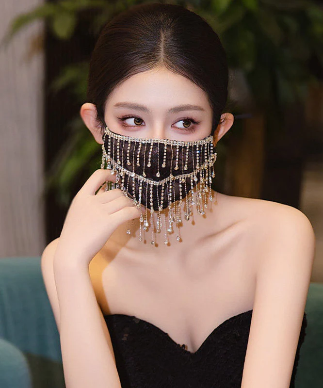 Unique Black Lace Embroidery Tassel Patchwork Mask - Image 3