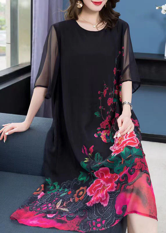 Unique Black O Neck Floral Print Patchwork Chiffon Dresses Summer - Image 3