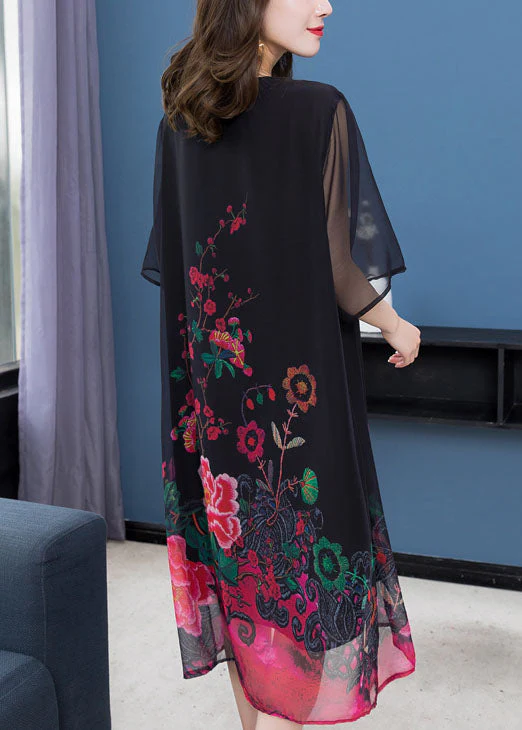 Unique Black O Neck Floral Print Patchwork Chiffon Dresses Summer - Image 5