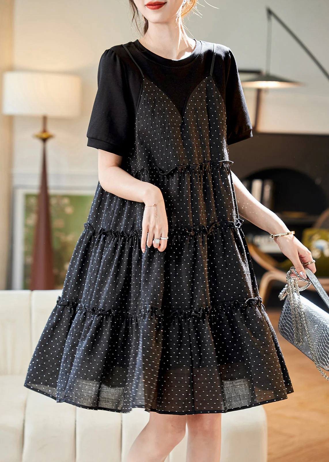 Unique Black O-Neck Patchwork Dot Print Fake Two Pieces Chiffon Mid Dresses Summer - Image 2